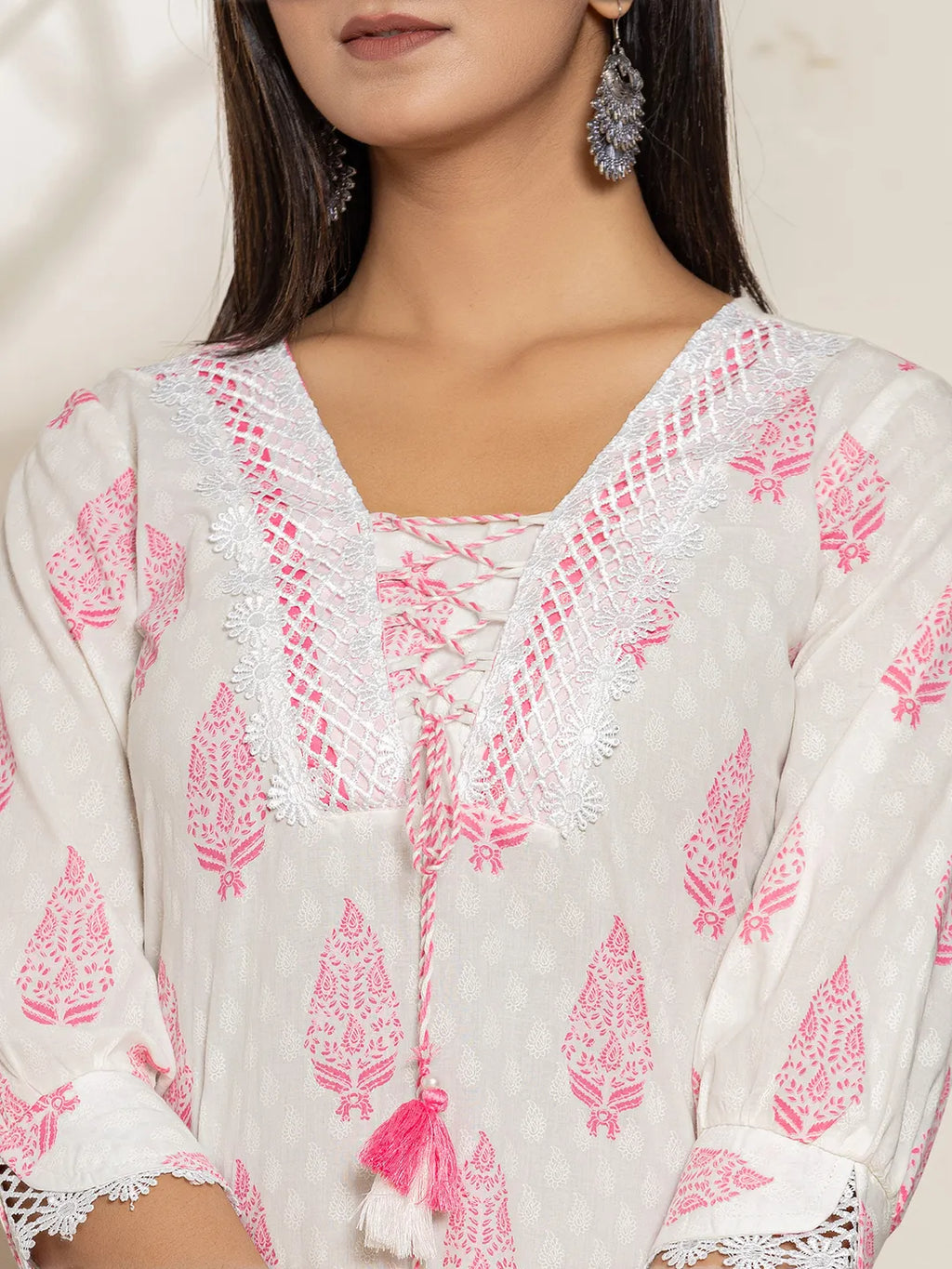 Yufta White And Pink Floral Print Cotton Straight Kurta Dupatta Set - Distacart