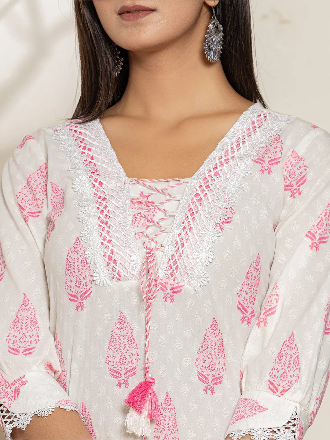 Yufta White And Pink Floral Print Cotton Straight Kurta Dupatta Set - Distacart