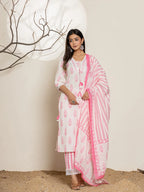 Yufta White And Pink Floral Print Cotton Straight Kurta Dupatta Set - Distacart