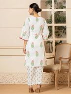 Yufta White And Red Cotton Floral Print Kurta Dupatta Set