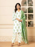 Yufta White And Teal Blue Cotton Floral Print Kurta Dupatta Set