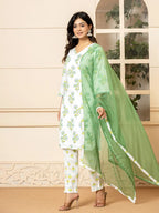 Yufta White And Teal Blue Cotton Floral Print Kurta Dupatta Set