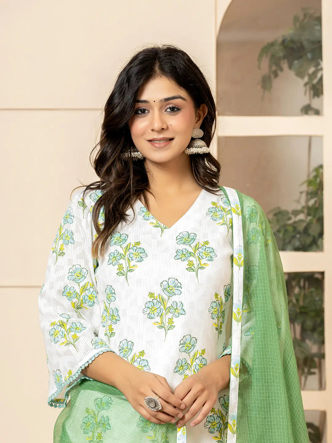 Yufta White And Teal Blue Cotton Floral Print Kurta Dupatta Set