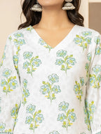 Yufta White And Teal Blue Cotton Floral Print Kurta Dupatta Set