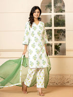 Yufta White And Teal Blue Cotton Floral Print Kurta Dupatta Set