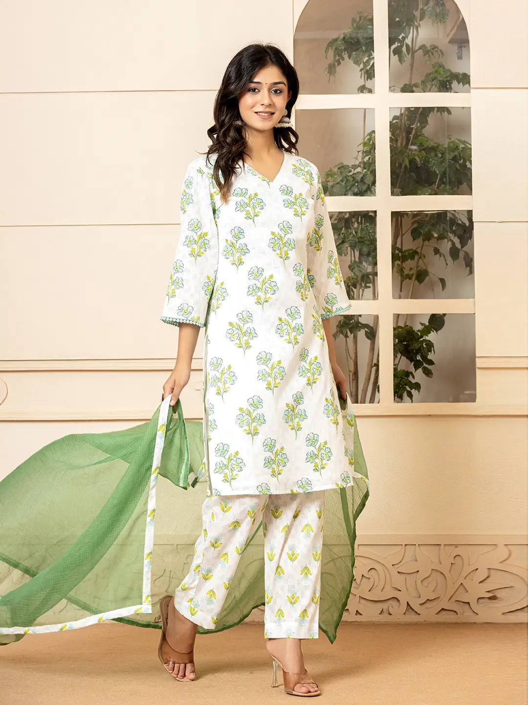 Yufta White And Teal Blue Cotton Floral Print Kurta Dupatta Set