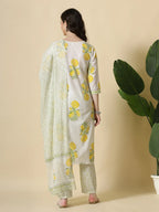 Yufta White And Yellow Cotton Sequins Work Kurta Set With Pant & Dupatta - Distacart