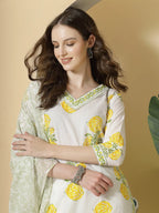 Yufta White And Yellow Cotton Sequins Work Kurta Set With Pant & Dupatta - Distacart