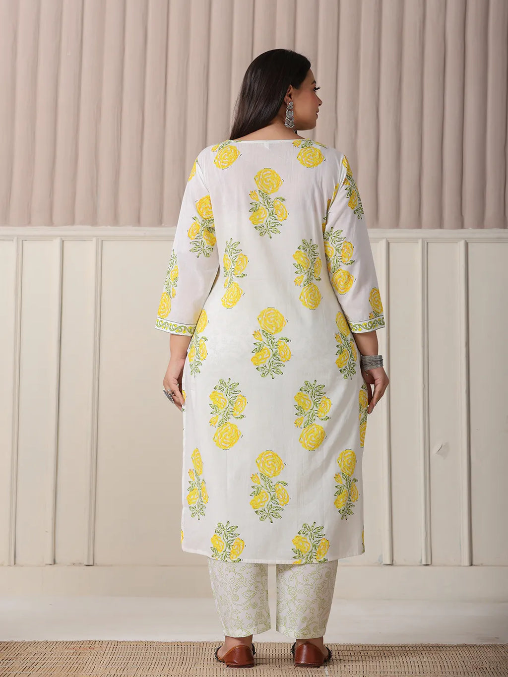 Yufta White And Yellow Cotton Sequins Work Plus Size Kurta Set With Pant & Dupatta - Distacart