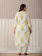 Yufta White And Yellow Cotton Sequins Work Plus Size Kurta Set With Pant & Dupatta - Distacart