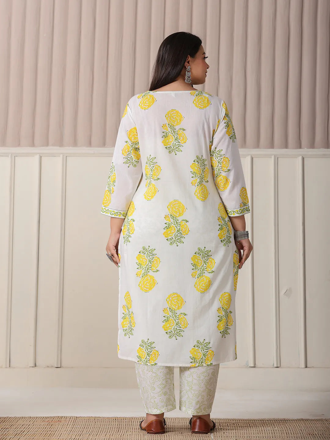 Yufta White And Yellow Cotton Sequins Work Plus Size Kurta Set With Pant & Dupatta - Distacart