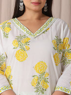 Yufta White And Yellow Cotton Sequins Work Plus Size Kurta Set With Pant & Dupatta - Distacart
