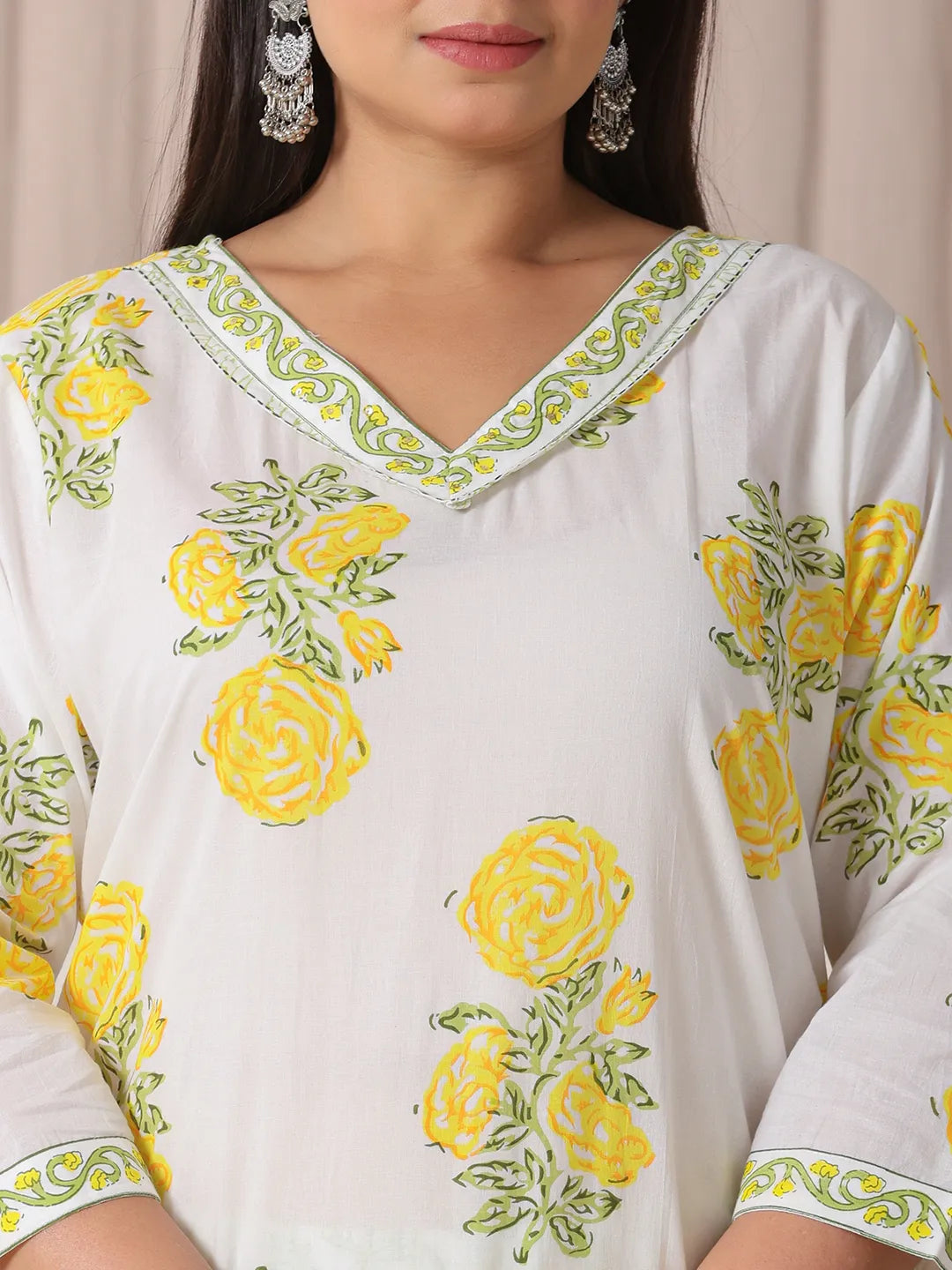 Yufta White And Yellow Cotton Sequins Work Plus Size Kurta Set With Pant & Dupatta - Distacart