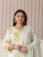 Yufta White And Yellow Cotton Sequins Work Plus Size Kurta Set With Pant & Dupatta - Distacart