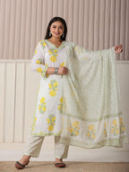 Yufta White And Yellow Cotton Sequins Work Plus Size Kurta Set With Pant & Dupatta - Distacart