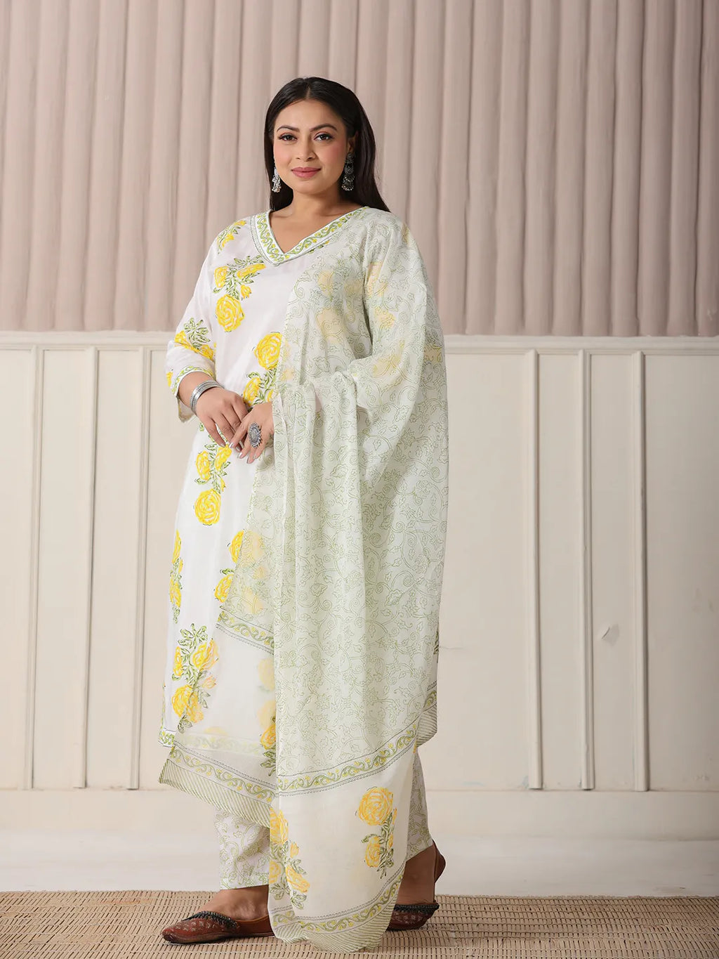Yufta White And Yellow Cotton Sequins Work Plus Size Kurta Set With Pant & Dupatta - Distacart