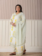 Yufta White And Yellow Cotton Sequins Work Plus Size Kurta Set With Pant & Dupatta - Distacart