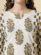 Yufta White And Yellow Floral Print Cotton Sequins Work Kurta Set With Pant & Dupatta