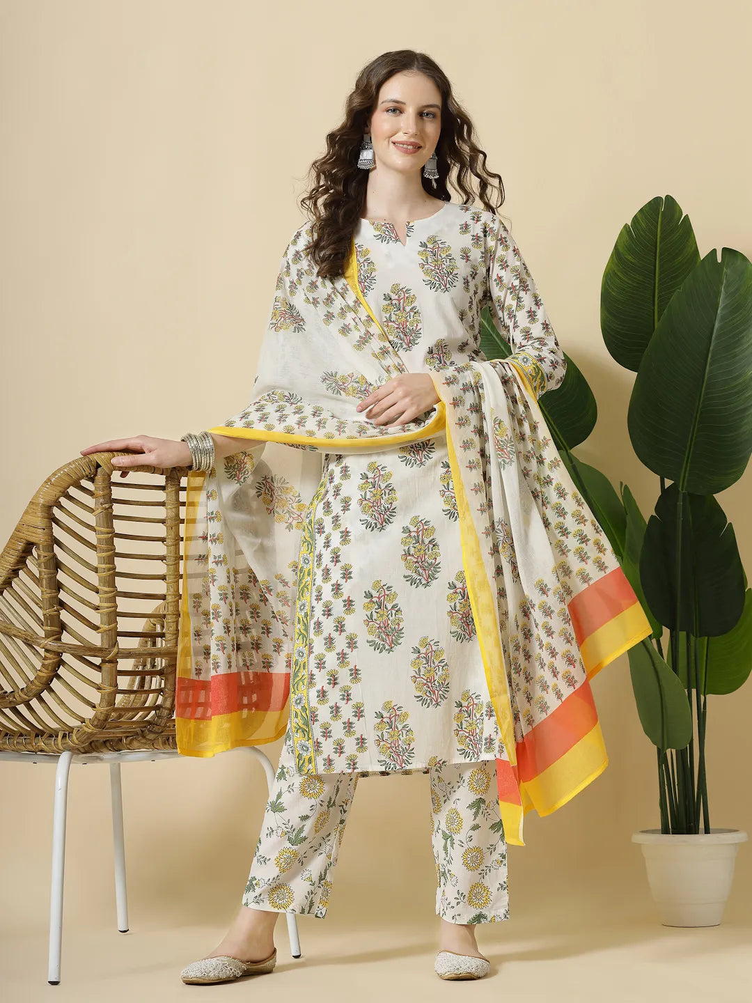 Yufta White And Yellow Floral Print Cotton Sequins Work Kurta Set With Pant & Dupatta