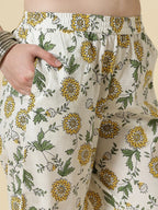 Yufta White And Yellow Floral Print Cotton Sequins Work Kurta Set With Pant & Dupatta