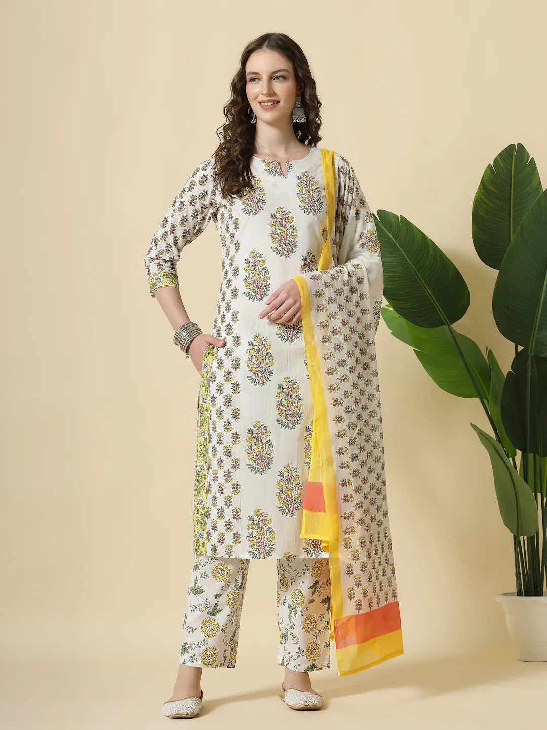 Yufta White And Yellow Floral Print Cotton Sequins Work Kurta Set With Pant & Dupatta