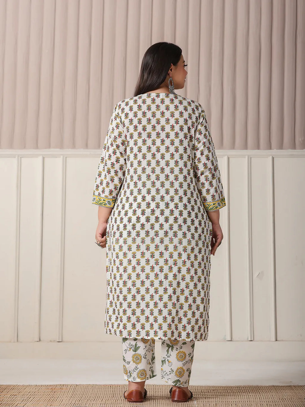 Yufta White And Yellow Floral Print Cotton Sequins Work Plus Size Kurta Set With Pant & Dupatta - Distacart