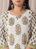 Yufta White And Yellow Floral Print Cotton Sequins Work Plus Size Kurta Set With Pant & Dupatta - Distacart