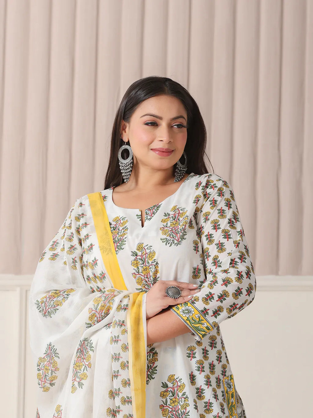 Yufta White And Yellow Floral Print Cotton Sequins Work Plus Size Kurta Set With Pant & Dupatta - Distacart
