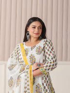 Yufta White And Yellow Floral Print Cotton Sequins Work Plus Size Kurta Set With Pant & Dupatta - Distacart