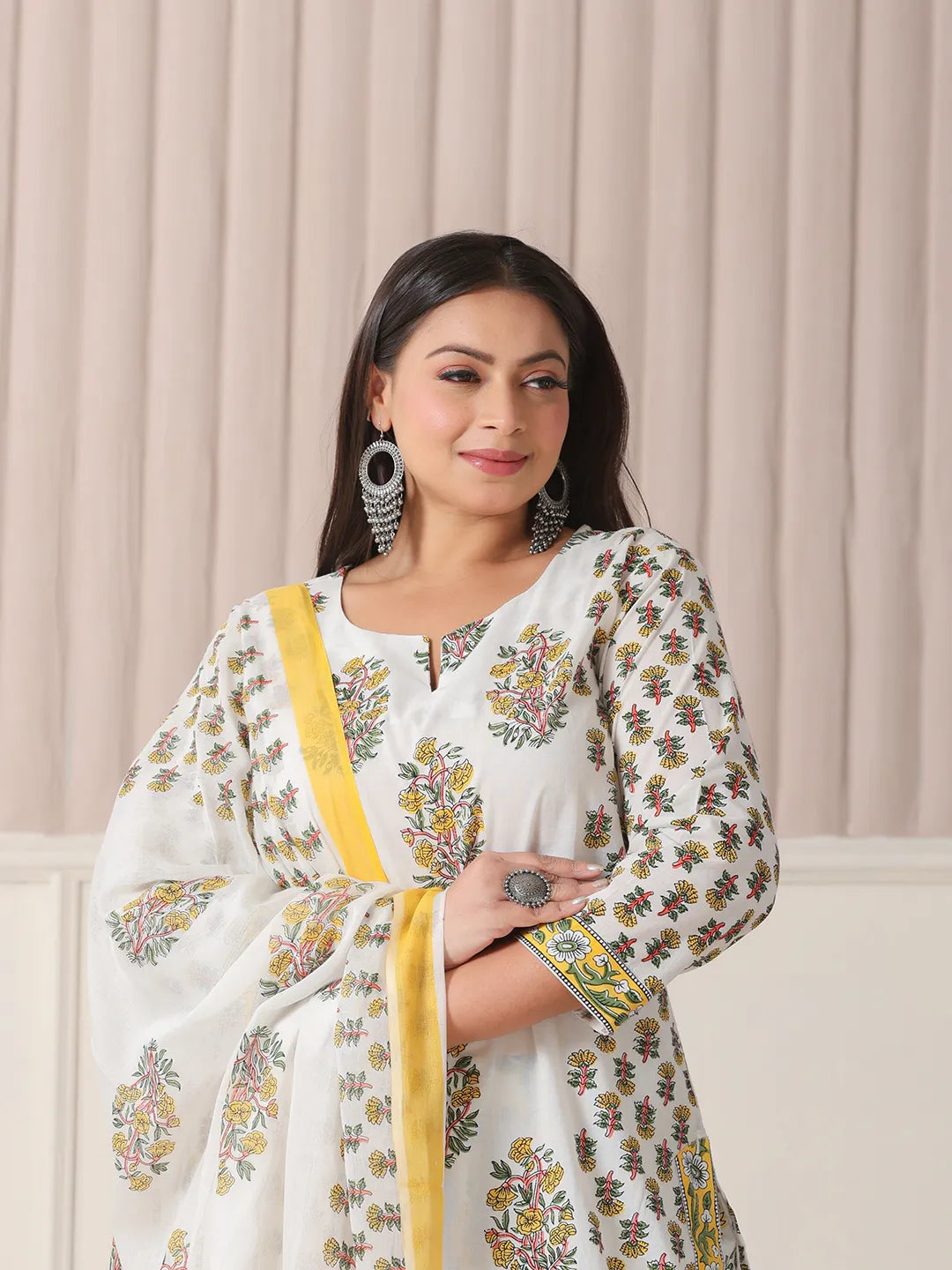 Yufta White And Yellow Floral Print Cotton Sequins Work Plus Size Kurta Set With Pant & Dupatta - Distacart