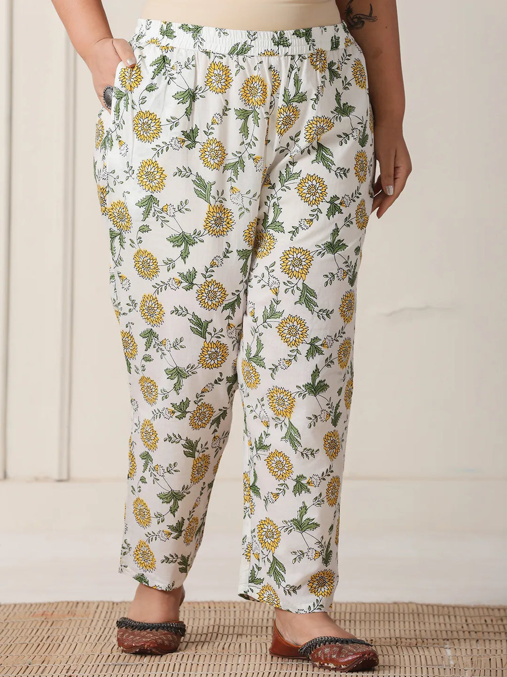 Yufta White And Yellow Floral Print Cotton Sequins Work Plus Size Kurta Set With Pant & Dupatta - Distacart