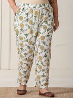 Yufta White And Yellow Floral Print Cotton Sequins Work Plus Size Kurta Set With Pant & Dupatta - Distacart