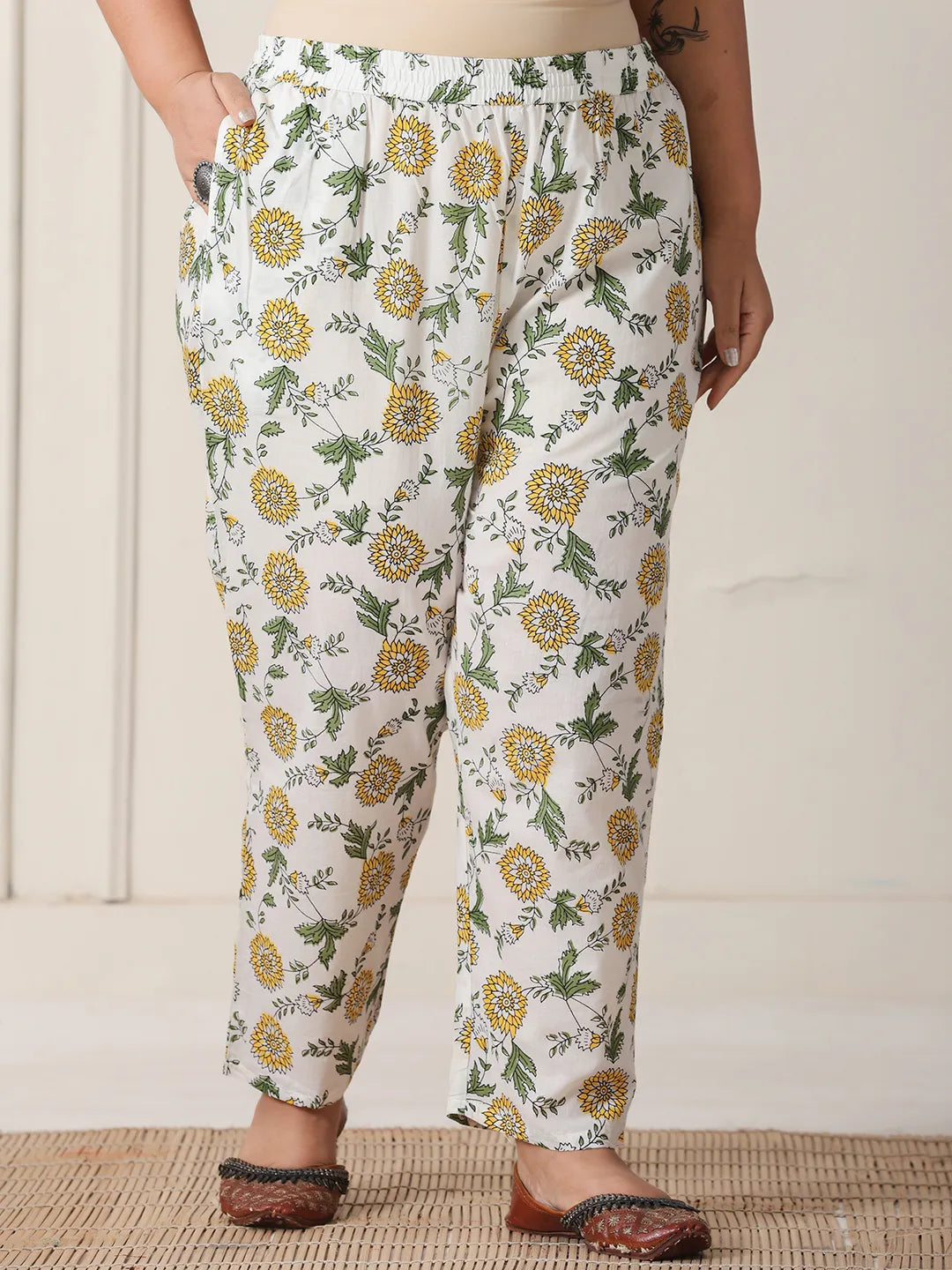 Yufta White And Yellow Floral Print Cotton Sequins Work Plus Size Kurta Set With Pant & Dupatta - Distacart