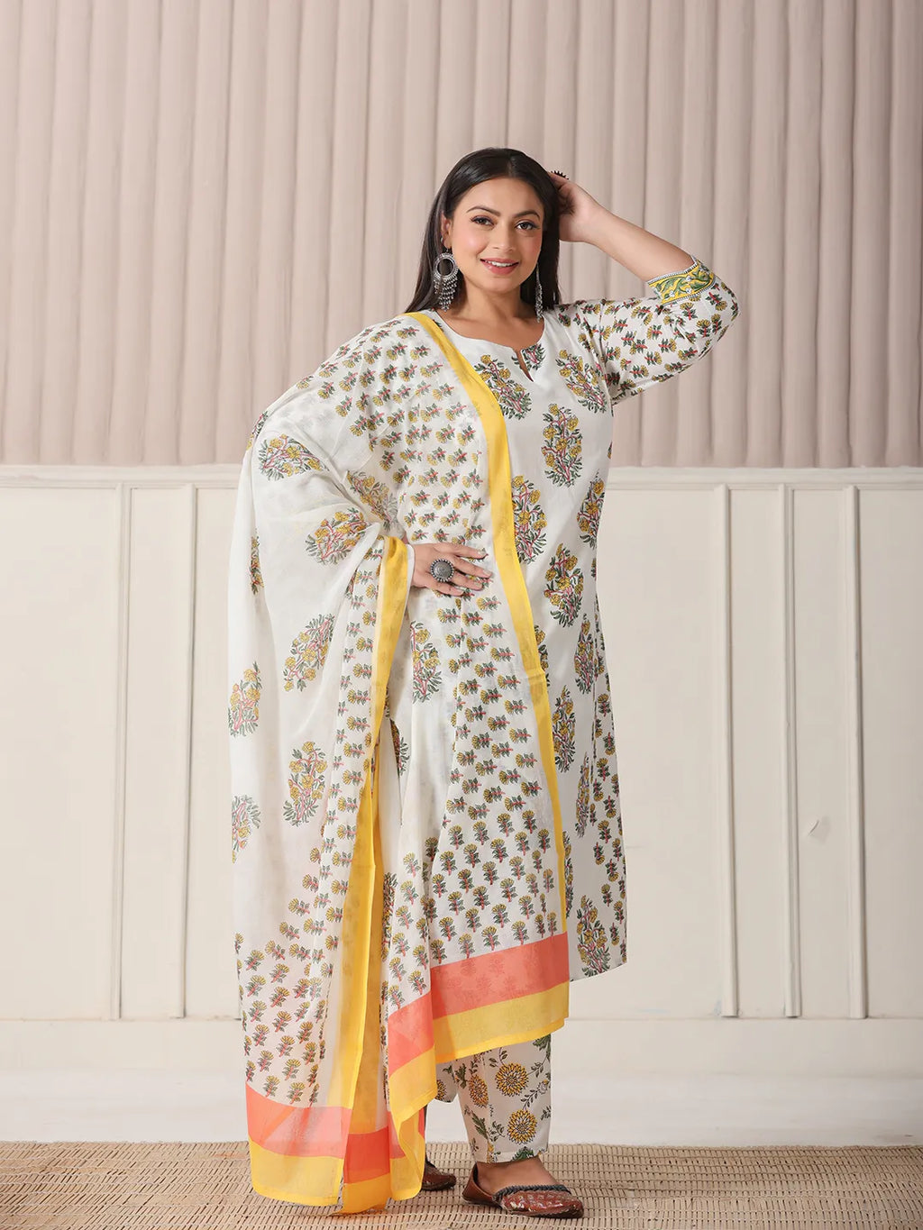 Yufta White And Yellow Floral Print Cotton Sequins Work Plus Size Kurta Set With Pant & Dupatta - Distacart