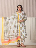 Yufta White And Yellow Floral Print Cotton Sequins Work Plus Size Kurta Set With Pant & Dupatta - Distacart