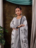 Yufta White Cotton Straight Paisley Kurta Dupatta Pant Set