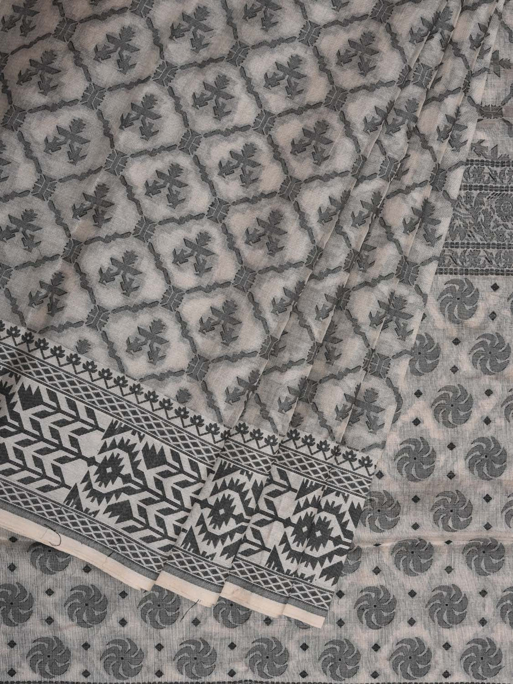 White Cut Work Cotton Handloom Saree with All Over Jamdani Style Design - Global Threads