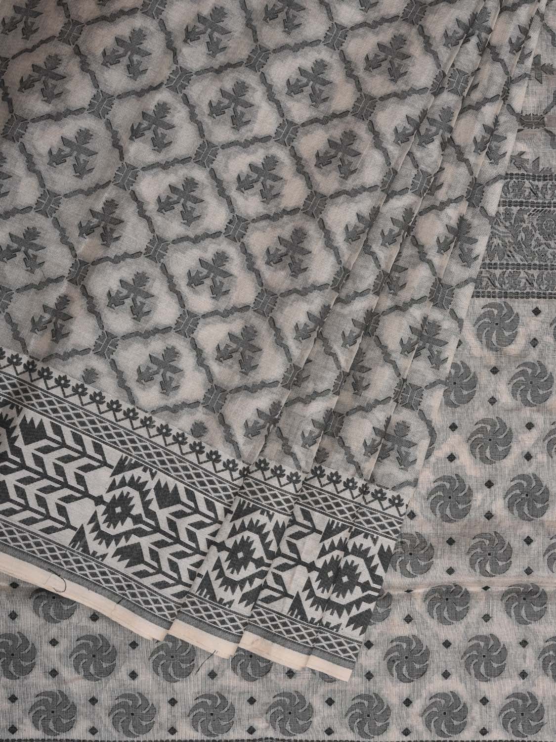 White Cut Work Cotton Handloom Saree with All Over Jamdani Style Design - Global Threads