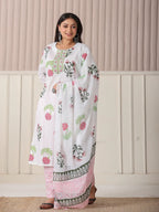 Yufta White Floral Print Cotton Show Button On Yoke Plus Size Kurta Set With Pant & Dupatta