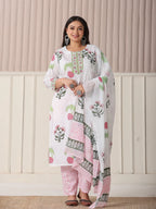 Yufta White Floral Print Cotton Show Button On Yoke Plus Size Kurta Set With Pant & Dupatta