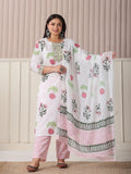 Yufta White Floral Print Cotton Show Button On Yoke Plus Size Kurta Set With Pant & Dupatta