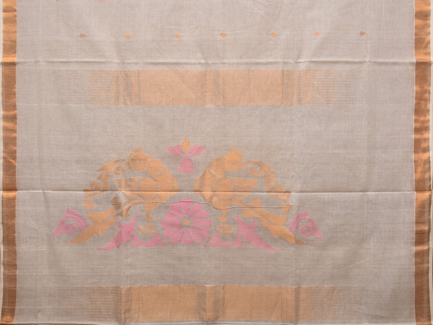 White Khadi Cotton Handloom Saree with Parrots Pallu Design - Global Threads