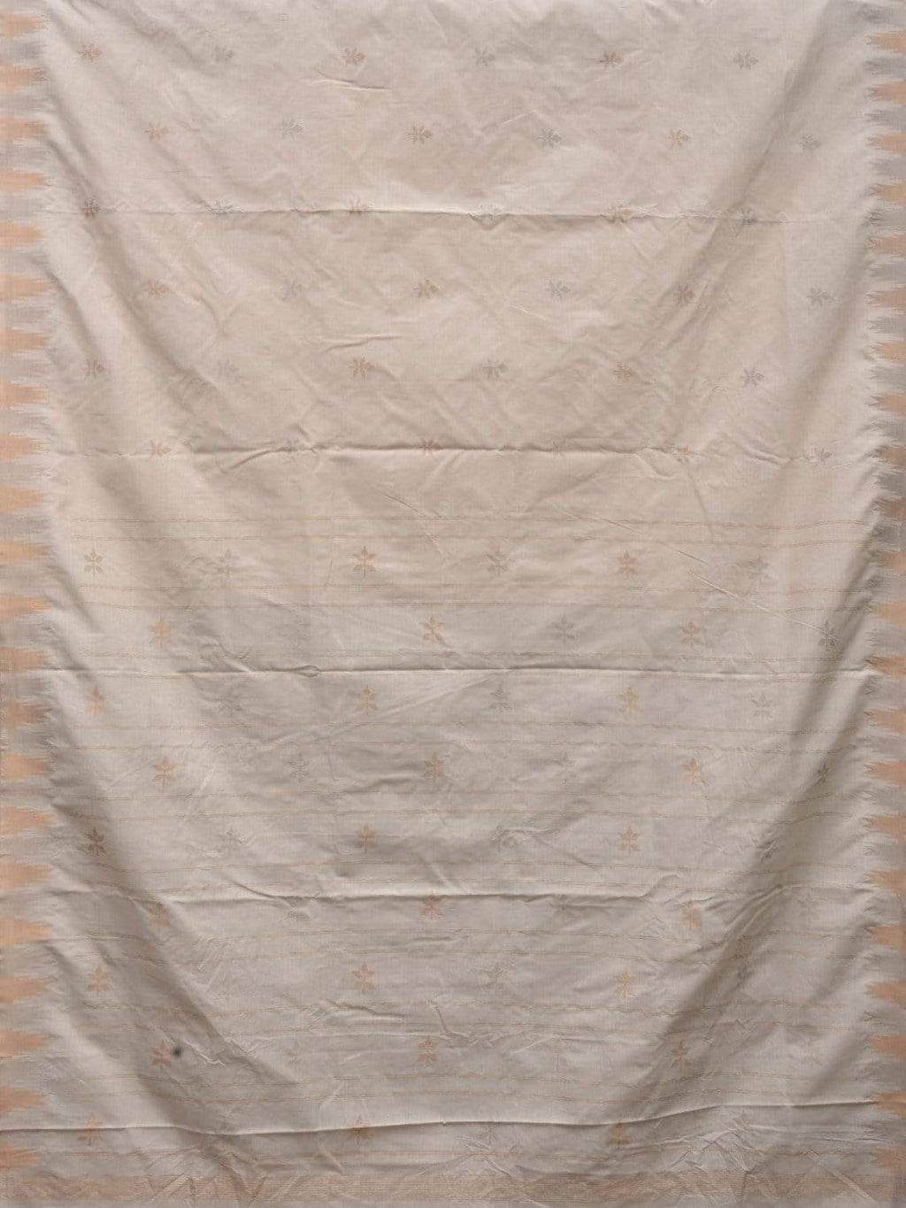 White Khadi Cotton Handloom Saree with Temple Border and Buta Design - Global Threads