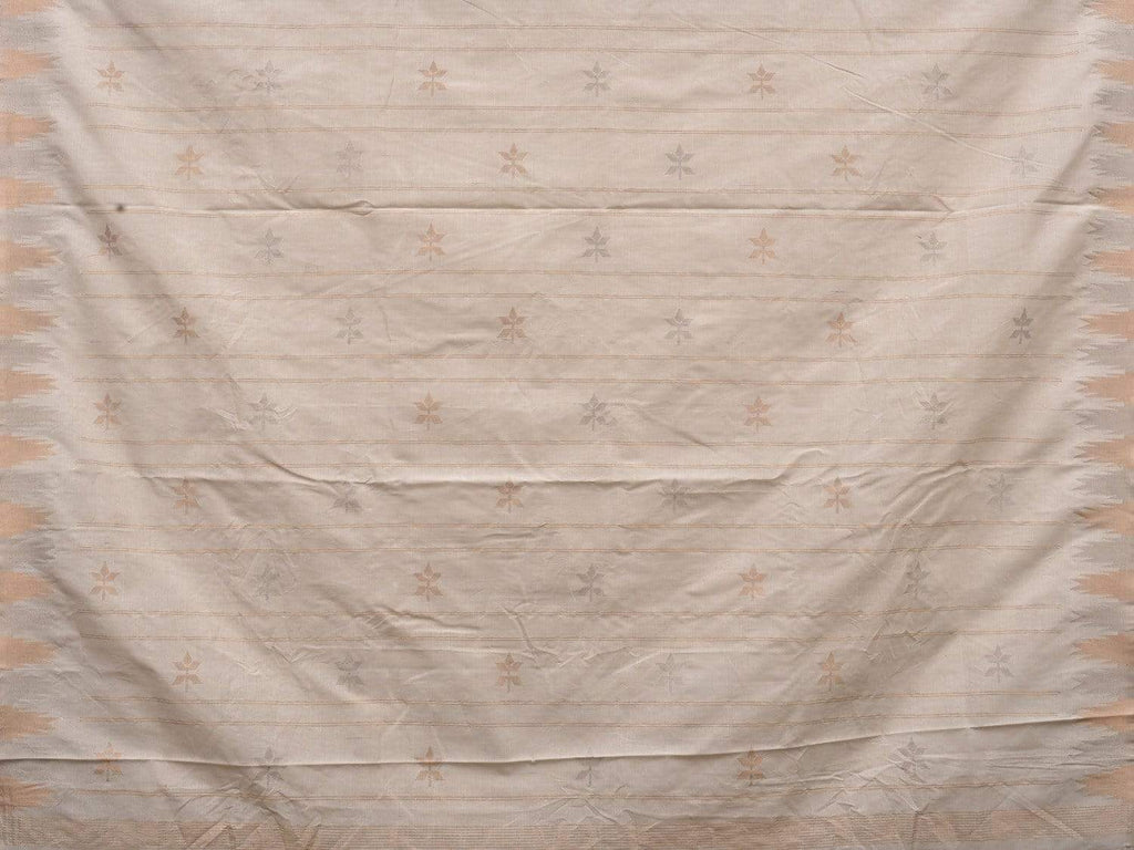 White Khadi Cotton Handloom Saree with Temple Border and Buta Design - Global Threads