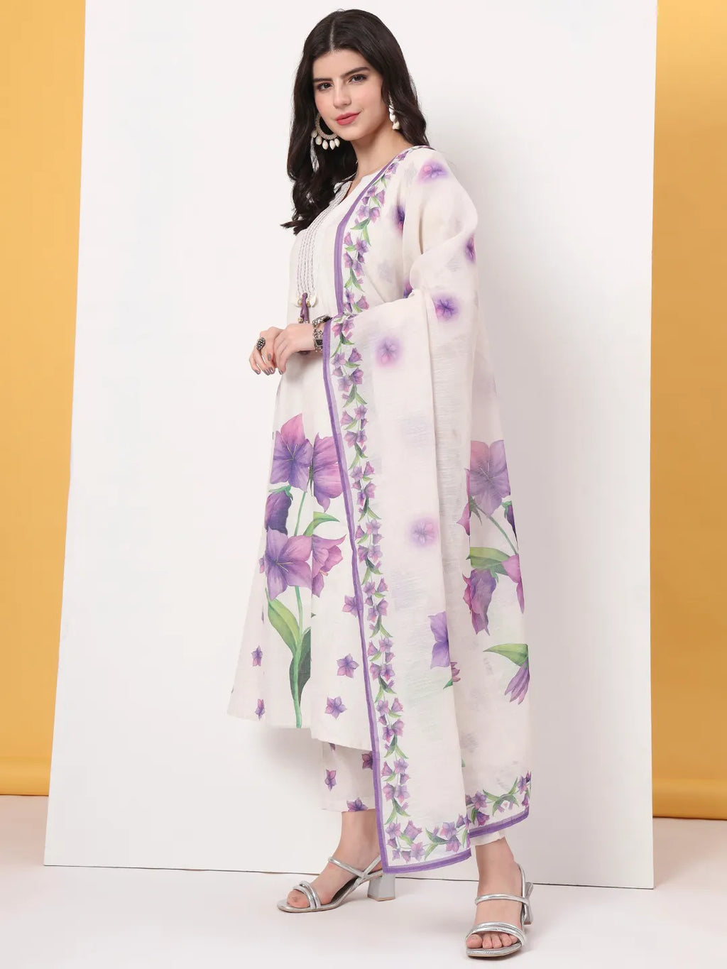 Yufta White Linen Cotton A Line Kurta Dupatta Pant Set