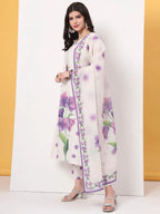 Yufta White Linen Cotton A Line Kurta Dupatta Pant Set
