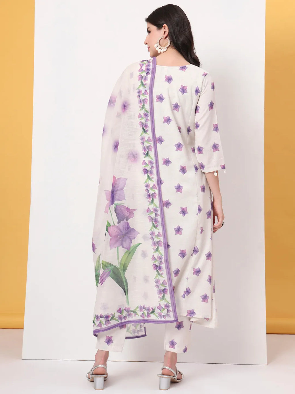 Yufta White Linen Cotton A Line Kurta Dupatta Pant Set
