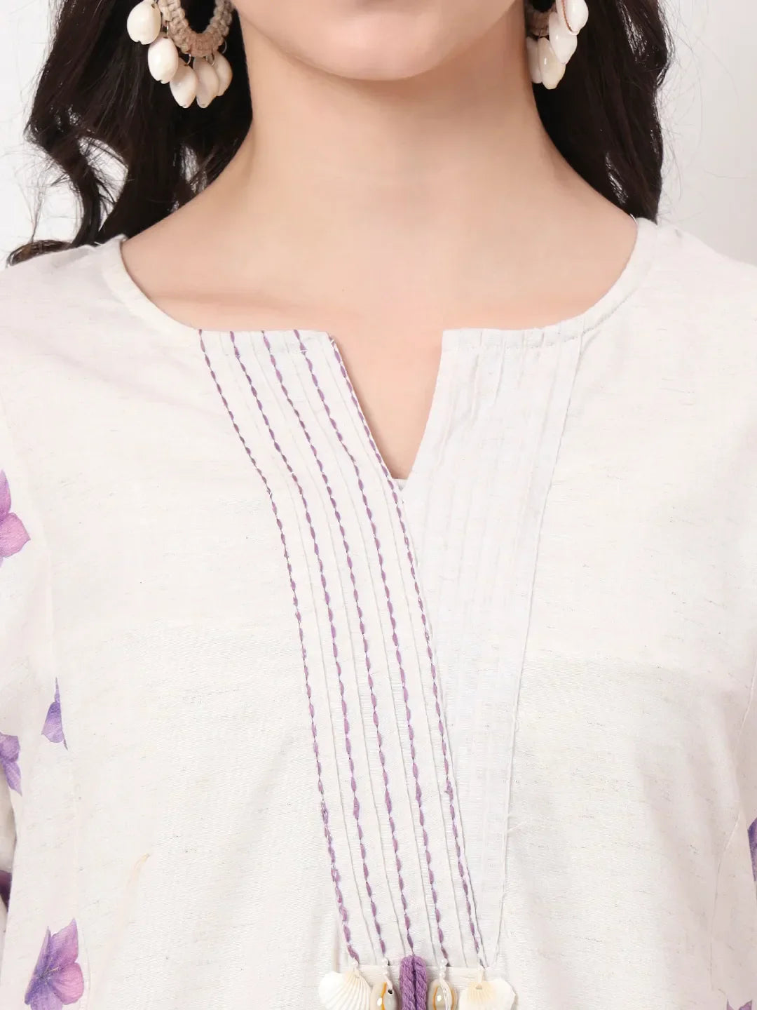 Yufta White Linen Cotton A Line Kurta Dupatta Pant Set