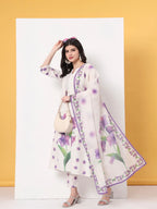 Yufta White Linen Cotton A Line Kurta Dupatta Pant Set