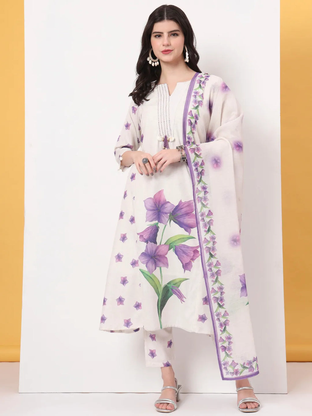 Yufta White Linen Cotton A Line Kurta Dupatta Pant Set